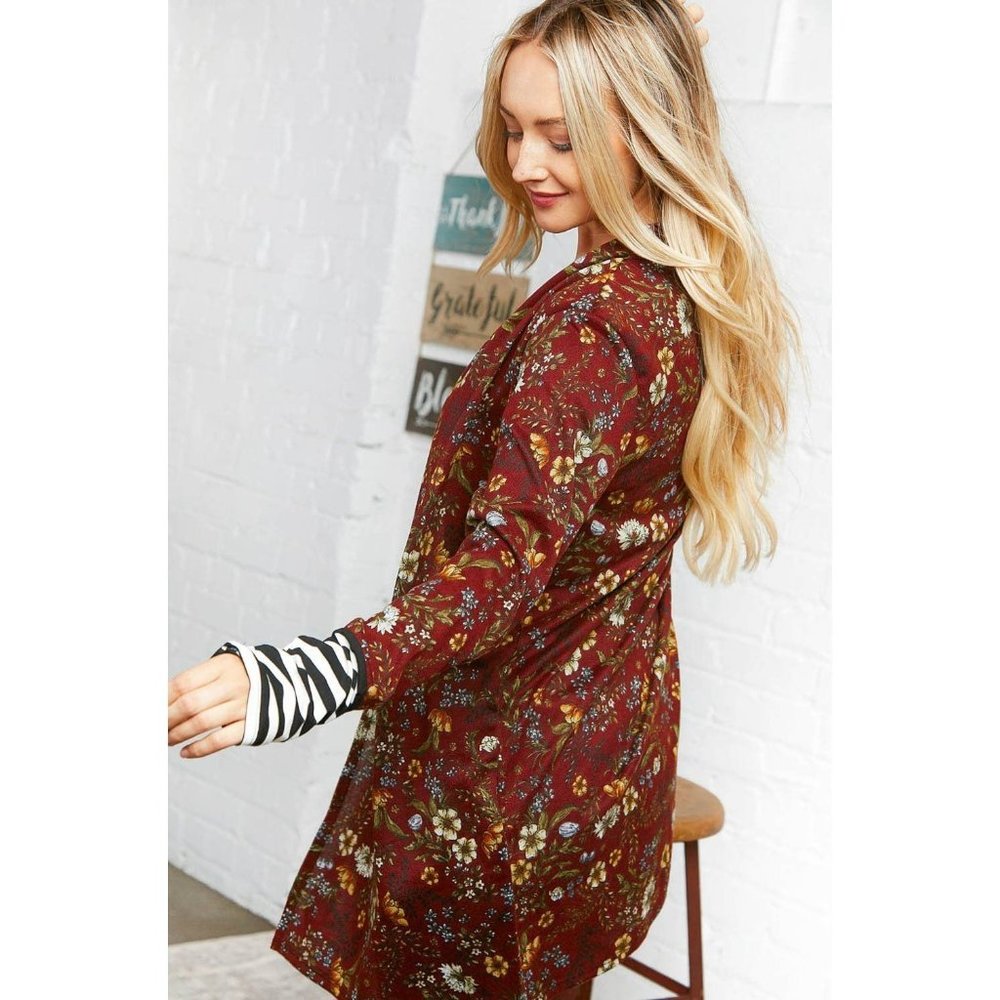 Burgundy Floral Stripe Cardigan with Thumbholes - Picture 10 of 10